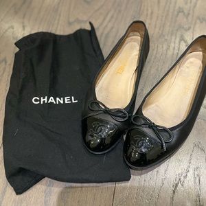 Chanel Black Cap Toe Patent Leather Ballet Flat
